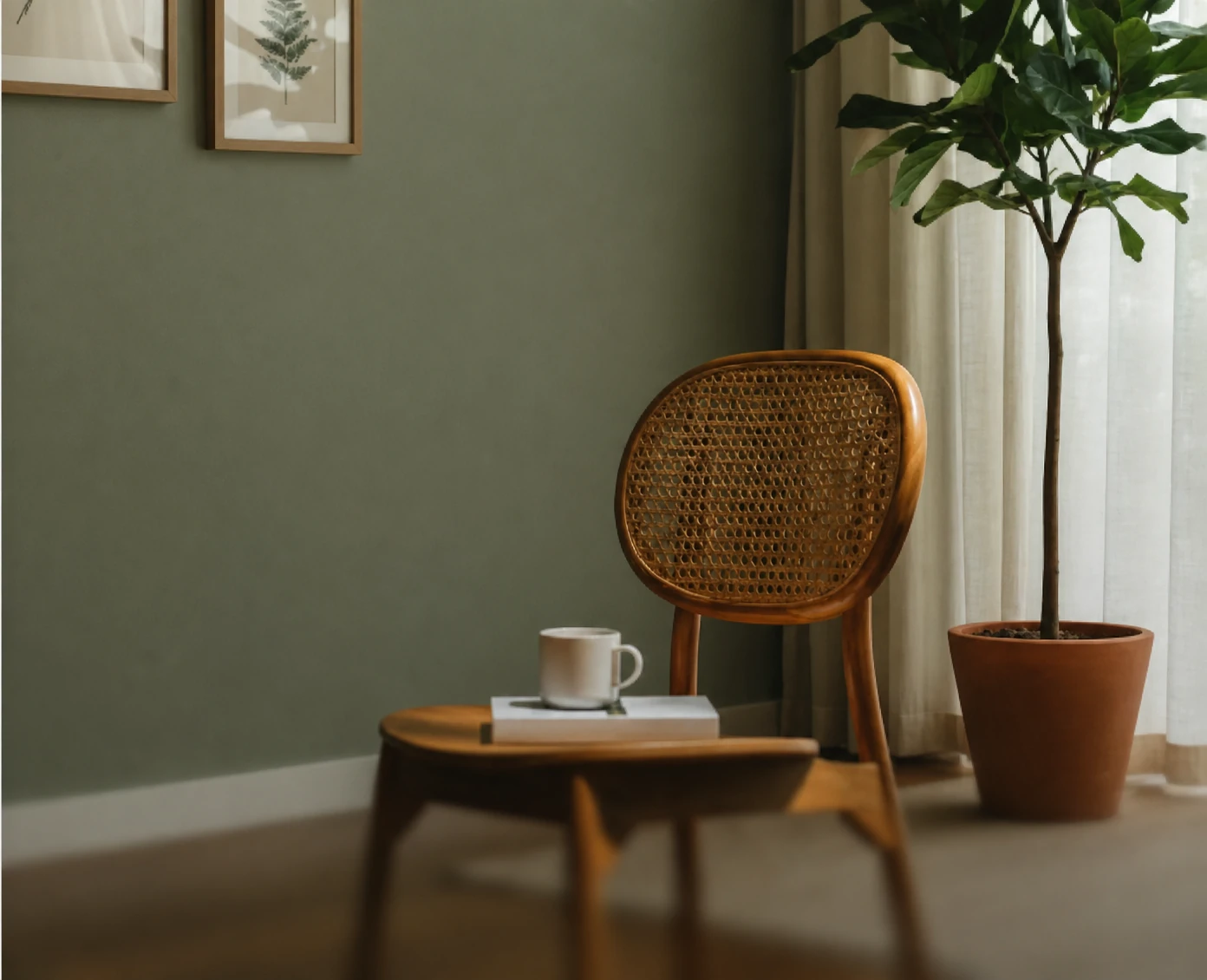 Cane-backed chair styled in a calm living room